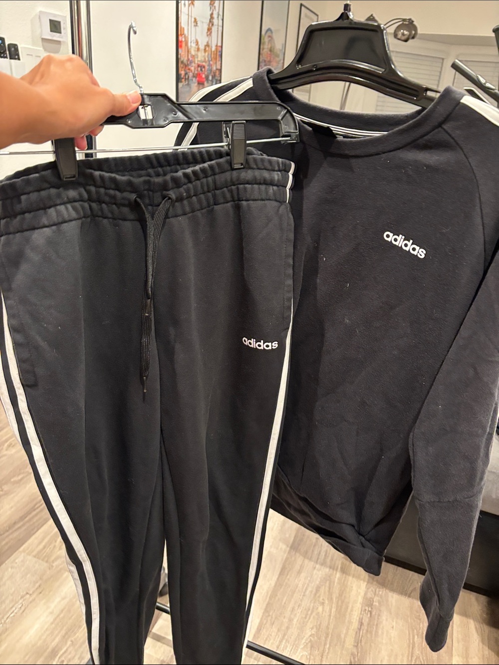 adidas Black Jogger Set with White Side Stripes size L top, Bottoms size M